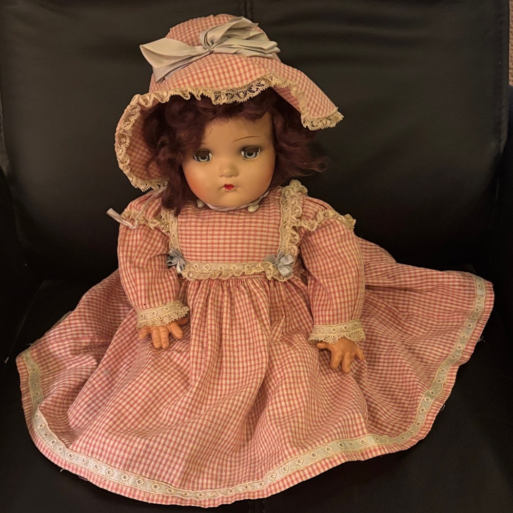 Vintage Doll with Red Gingham Dress & Bonnet with Lace Accents - 73 years old
